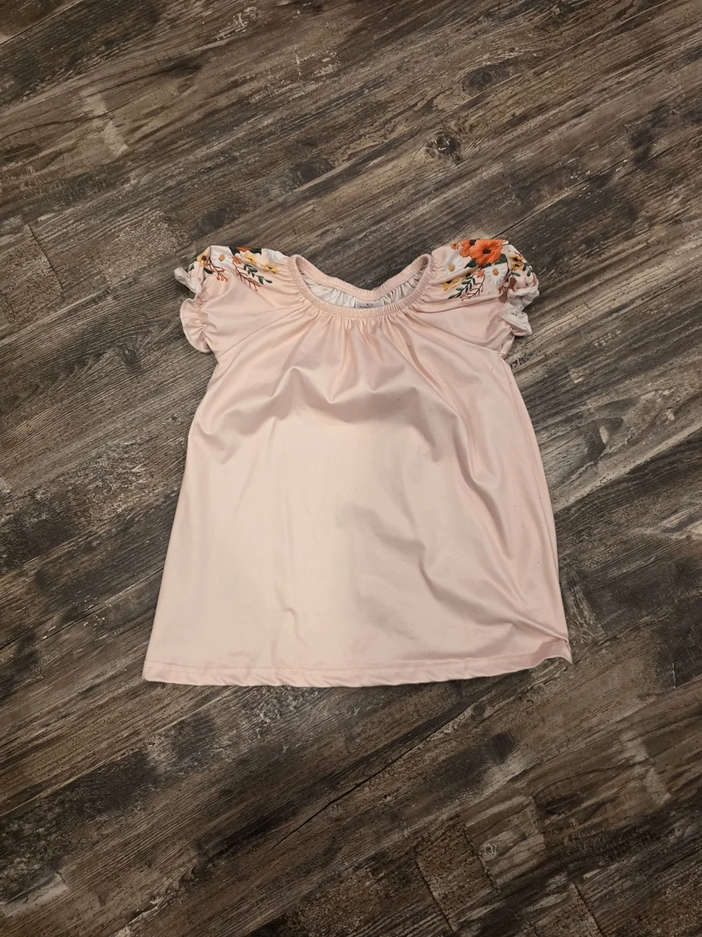 Girls Blush Pink Puff-Sleeve Top with Floral Trim